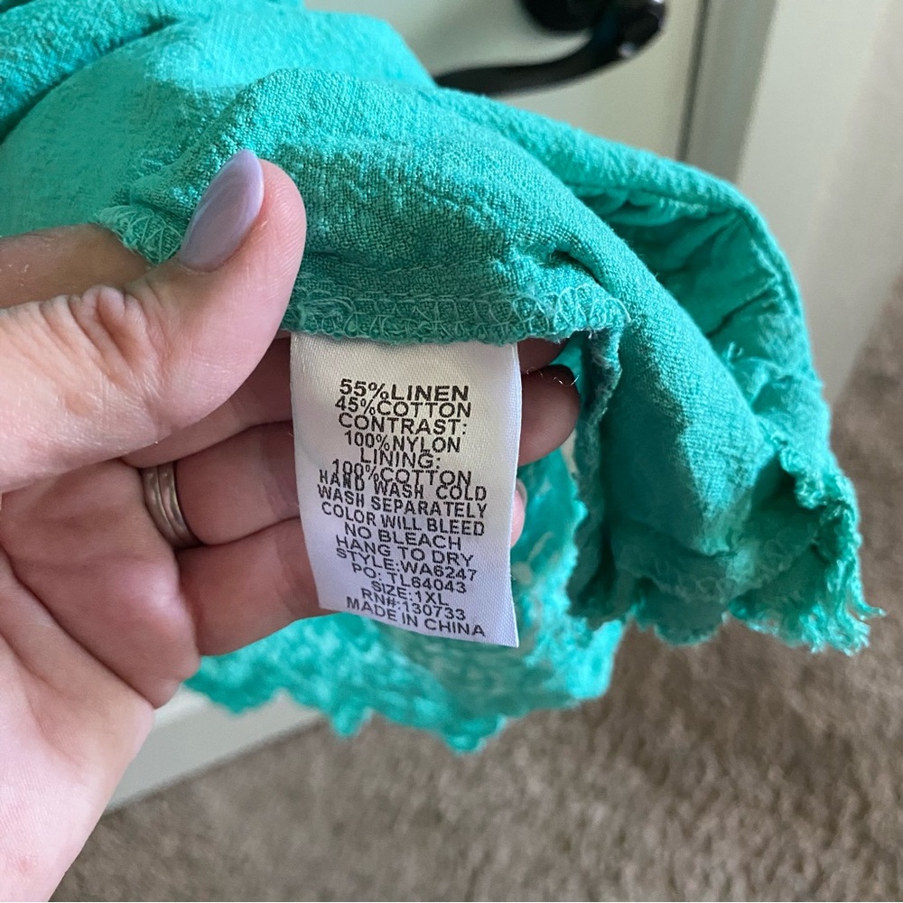 Umgee Turquoise Linen blend Dress with lace back, pockets & fringe hem. Sz 1XL. - Picture 7 of 11